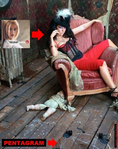 music artist CHRISTINA AGUILERA is sporting a Satanic Pentagram on the floor in a photo shoot.