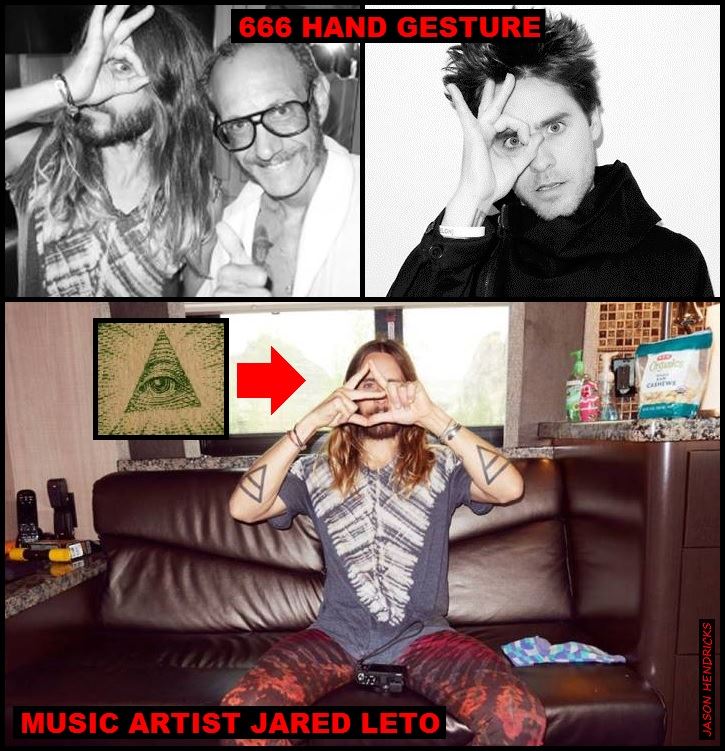 Jason Hendricks - Just as the man & women are shown in the KMART promotional picture above along with the Disney “WIZARD OF DIZZ” cartoon & other music artists in this comment thread; here you see Music artist JARED LETO from the band 30 SECONDS TO MARS as well shown doing the same exact Satanic 666 hand gesture over his eye along with forming the pyramid over his eye creating the "All Seeing Eye of Horus" (LUCIFER/LIGHT BEARER) symbolism just as the thousands of Satanic stars, celebs & ect... I present do; flaunting there luciferian Freemason agenda to the naïve masses. (Revelation 13:18) “Here is wisdom. Let him who has understanding calculate the number of the Beast (ANTICHRIST/SATAN), for it is the number of a man: His number is (666).”