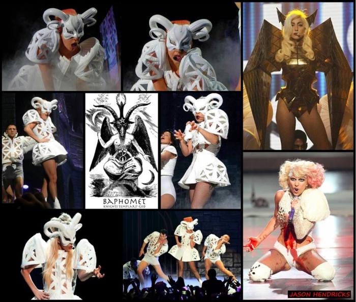 Here you see music artist Lady Gaga" shown wearing a " BAPHOMET" along with DEMON/FALLEN ANGEL apparel while performing at multiple cities while on tour. Baphomet is a term originally used to describe an idol or other deity that the Knights Templar which were Freemason’s predecessors who were accused of worshiping, and subsequently incorporated into disparate occult and mystical traditions. Baphomet is connected with Satanism as well, primarily due to the adoption of it as a symbol by the Church of Satan.