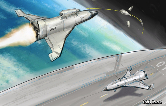 Artist's concept of DARPA's Experimental Spaceplane (XS-1), a proposed unmanned, hypersonic vehicle that the agency hopes will lower satellite launch costs substantially. Officials are targeting Mach 10 for the suborbital vehicle.