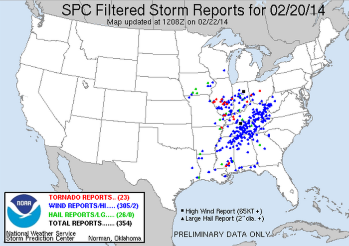Preliminary storm reports (filtered) for the severe weather outbreak two days ago. So far there are 23 tornado reports, out of which 13 are already confirmed tornadoes and 26 hail reports over a large part of eastern USA.  Source: NOAA/SPC