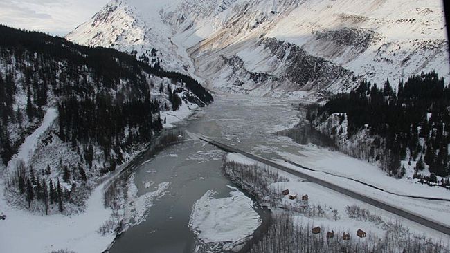 An avalanche on Jan. 27, 2014, blocks the only road into Valdez, Alaska, creating massive flooding in the region. 1-27-2014