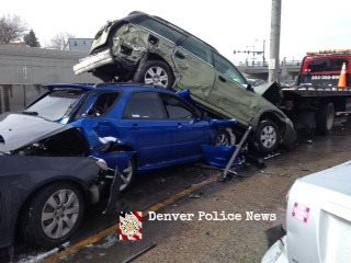 (@DenverPolice), a total of 104 vehicles were involved in a fatal pileup that occurred on I-25 Northbound in Denver, Colorado on Saturday. 3-1-2014