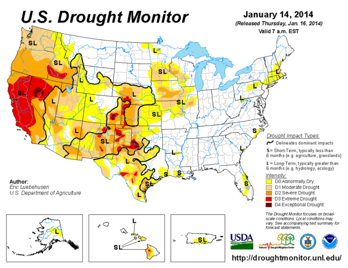 According to the January 14, 2014 U.S. Drought Monitor (http://1.usa.gov/1asm0tu), moderate to exceptional drought covers 34.4% of the contiguous United States, an increase from last week’s 33.2%. The worst drought categories (extreme to exceptional drought) also increased considerably from 4.1% last week to 6.4%. Image courtesy of www.drought.gov