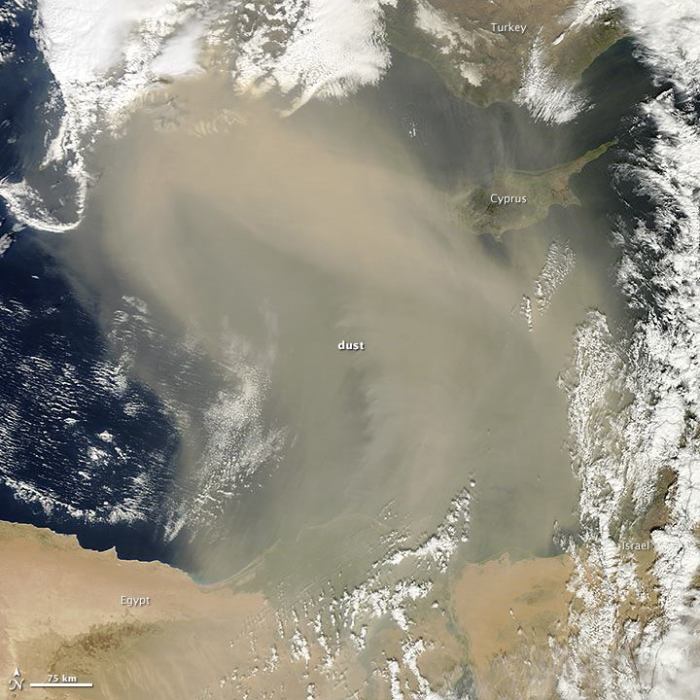 Dust Storm over the Mediterranean Sea Southwesterly winds sent a cloud of Saharan dust out of Egypt and across the eastern Mediterranean Sea in March 2014. The Moderate Resolution Imaging Spectroradiometer (MODIS) on NASA’s Terra satellite acquired this natural-color image on March 2, 2014. The dust grounded planes and triggered air quality warnings in Israel, according to media reports. In Cyprus, dust levels were five times higher than normal. Read more at http://earthobservatory.nasa.gov/NaturalHazards/view.php?id=83268&eocn=home&src=fb