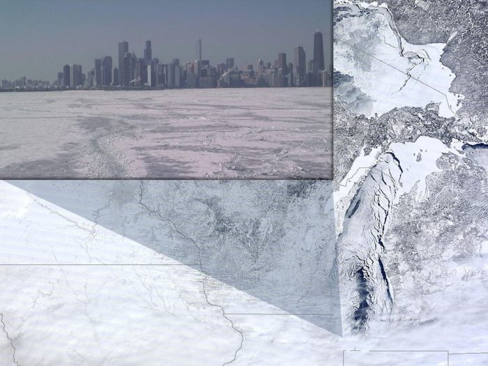 3-6-2014: Here's a couple of amazing images which show the large extent of ice cover on Lake Michigan on Wednesday. Hard to imagine from these pictures that the Great Lakes shipping season is set to begin in a couple of weeks, with the opening of the SOO locks between Lake Superior and the lower Great Lakes. The polar orbiter satellite image is from CIMMS (UW Madison and NASA), while the ice level image is from a web cam on the Harrison-Dever Crib off of Chicago (NOAA/GLERL). Ice coverage on the Great Lakes is up to 91.8%, the second highest % coverage on record since reaching 94.7% in 1979!