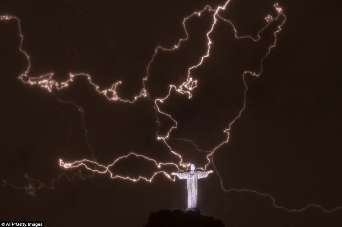 A bolt of lightning damaged the Christ the Redeemer statue that towers over the city of Rio. 1-14-2014