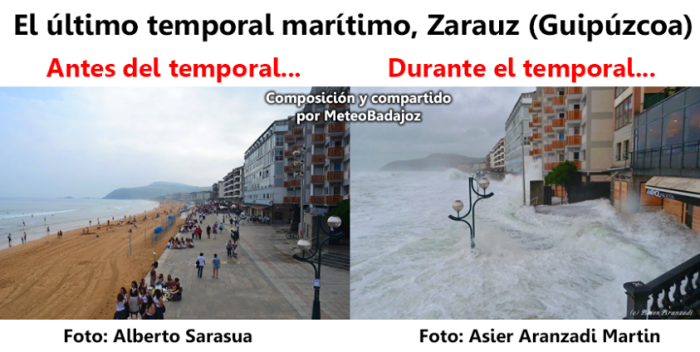 Spectacular storm surge during the recent deep low that passed over western Europe recently. These images are from Zarauz, northern Spain and probably do not require further comment. Image: Meteo Badajoz via. Weekly Weather