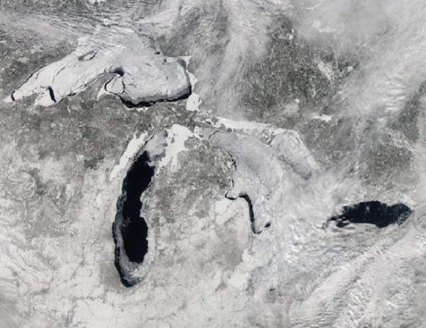A deep freeze has settled in over the Great Lakes this winter and a new image released by NASA shows the astonishing extent of the ice cover as seen from space. NASA’s Aqua satellite captured this image of the lakes on the early afternoon of Feb. 19, 2014. At the time, 80.3 percent of the five lakes were covered in ice, according to the Great Lakes Environmental Research Laboratory (GLERL), part of the National Oceanic and Atmospheric Administration. Earlier this month, ice cover over the Great Lakes hit 88 percent for the first time since 1994. Typically at its peak, the average ice cover is just over 50 percent, and it only occasionally passes 80 percent, according to NASA’s Earth Observatory. 2-22-2014