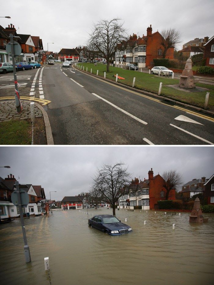Another amazing comparison of before and after the major flooding of the river Thames. This one is from the town of Datchet, England.  Photo by: Peter Macdiarmid/Getty Images