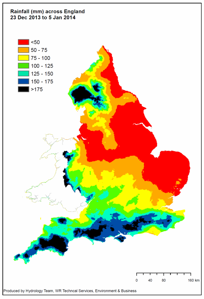 Rainfall totals across England between 23rd December 2013 and 5th January 2014.