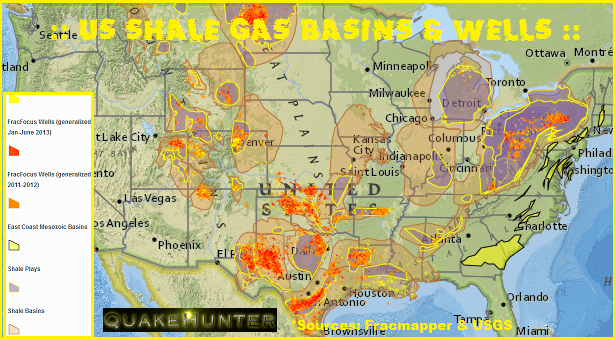 :: INDUCED EARTHQUAKES in the U.S.A ::  Shale Gas, Hydraulic Fracturing, & Induced Earthquakes. Within the central and eastern United States, the number of earthquakes has increased dramatically over the past few years. More than 300 earthquakes above a magnitude 3.0 occurred in the three years from 2010–2012, compared with an average rate of 21 events per year observed from 1967–2000. These earthquakes are fairly small — large enough to have been felt by many people, yet small enough to rarely have caused damage. A team of USGS scientists led by Bill Ellsworth analyzed changes in the rate of earthquake occurrence using large USGS databases of earthquakes recorded since 1970. The increase in seismicity has been found to coincide with the INJECTION of WASTEWATER in deep disposal wells in several locations, including COLORADO, TEXAS, ARKANSAS, OKLAHOMA & OHIO. Much of this wastewater is a byproduct of OIL and GAS production and is routinely disposed of by injection into wells specifically designed and approved for this purpose. Although wastewater injection has not yet been linked to large earthquakes (M6+), scientists cannot eliminate the possibility. It does appear that wastewater disposal induced the M5.3 Raton Basin, Colorado earthquake in 2011 as well as the M5.6 quake that struck Prague, Oklahoma in 2011, leading to a few injuries and damage to more than a dozen homes. **Evidence from some case histories suggests that the magnitude of the largest earthquake tends to increase as the total volume of injected wastewater increases. Injection pressure and rate of injection may also be factors. More research is needed to determine answers to these important questions. Hydraulic fracturing, commonly known as “fracking,” does not appear to be linked to the increased rate of magnitude 3 and larger earthquakes.