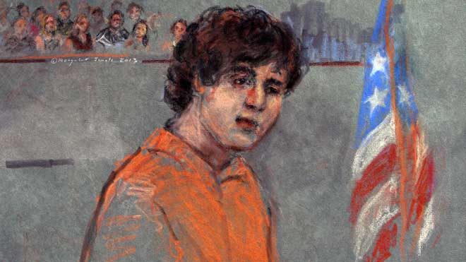  This courtroom sketch depicts Boston Marathon bombing suspect Dzhokhar Tsarnaev during arraignment in federal court in Boston.  7-11-2013
