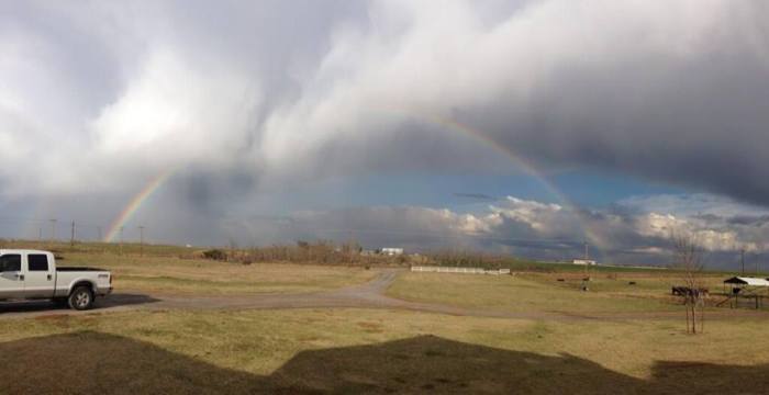 4-7-2014: Full rainbow  between Weatherford & Hydro in Oklahoma this evening. Photo by Miranda Bailey