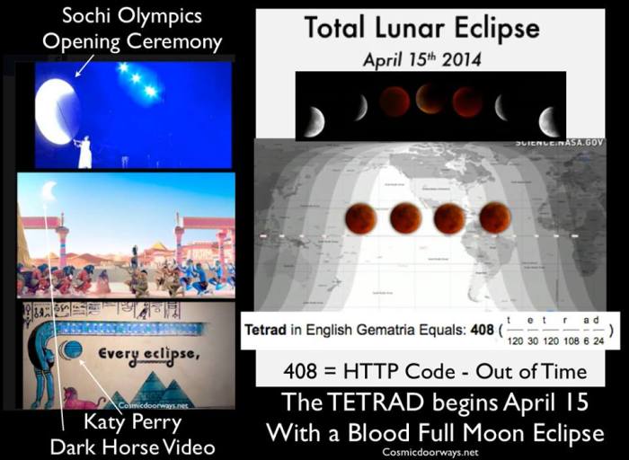 4-6-2014: Mark Gray: Let us Re-member back to February--- The Sochi Opening Ceremony AND Katy Perry’s Dark Horse Video both portrayed an "Eclipse".... Were these signs to upcoming moon events? Oddly, April 15th 2014 will begin a series of 4 Blood Moons (TETRAD) that will fall exactly on Passover and the Feast of the Tabernacles over a two year period - This rarely happens. When 4 total lunar eclipses occur in a row with intervals of 6 lunations (semester), this is called a TETRAD. The period for occurrence of TETRADS is variable and currently is about 565 years. Tetrad = 408 in Gemetria 408 is the HTTP Code - "Out of Time" Also, April 15th, the date of the first Full Moon Eclipse, is not only Passover but the one year anniversary of the Boston Bombings. Some Christians see this series of so-called blood moons as linked to a biblical prophecy of the Beginning of the End Times.