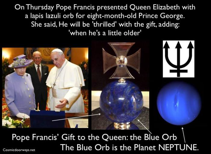 4-4-2014: Mark Gray - At the Sochi Olympic Opening Ceremonies the "Blue Orb" of the Planet Neptune was revealed to us. Now again this week at the Vatican, the Blue Orb of the Water Planet Neptune has been shown....... On Thursday Pope Francis presented Queen Elizabeth with  a lapis lazuli orb for eight-month-old Prince George. She said, He will be 'thrilled' with the gift, adding:  'when he's a little older'