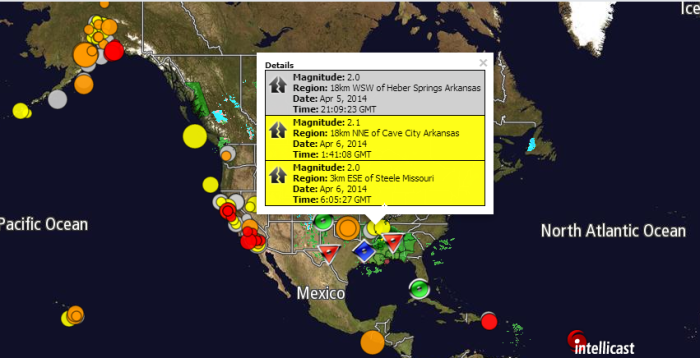 Magnitude: 2.0 Region: 18km WSW of Heber Springs Arkansas Date: Apr 5, 2014 Time: 21:09:23 GMT Magnitude: 2.1 Region: 18km NNE of Cave City Arkansas Date: Apr 6, 2014 Time: 1:41:08 GMT Magnitude: 2.0 Region: 3km ESE of Steele Missouri Date: Apr 6, 2014 Time: 6:05:27 GMT