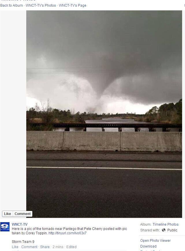 Shot of the Pantego, NC tornado (NW of Belhaven). Photo from Corey Toppen via WNCT-TV Storm Team 9. Shared via Tim Ballisty (@IrishEagle) on Twitter