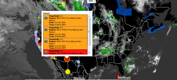 5.2M Earthquake hits New Mexico, near Tucson, Arizona 6-29-2014 Magnitude: 5.2 Region: 50km NW of Lordsburg New Mexico Date: Jun 29, 2014 Time: 4:59:33 GMT Magnitude: 3.5 Region: 41km WNW of Lordsburg New Mexico Date: Jun 29, 2014 Time: 5:08:44 GMT Magnitude: 3.4 Region: 49km NW of Lordsburg New Mexico Date: Jun 29, 2014 Time: 8:25:19 GMT Magnitude: 3.6 Region: 46km WNW of Lordsburg New Mexico Date: Jun 29, 2014 Time: 14:33:59 GMT