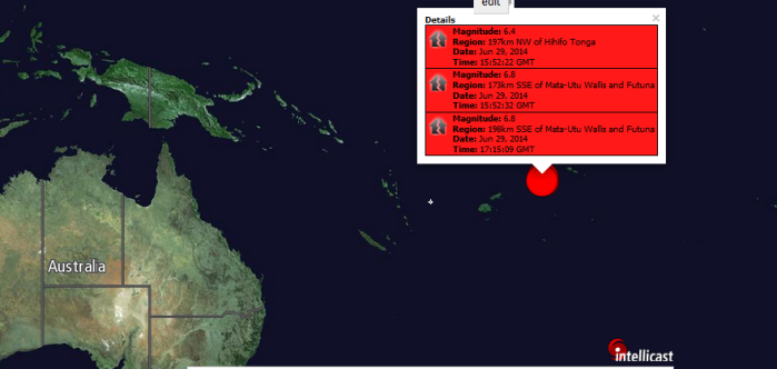 Magnitude: 6.4 Region: 197km NW of Hihifo Tonga Date: Jun 29, 2014 Time: 15:52:22 GMT Magnitude: 6.8 Region: 173km SSE of Mata-Utu Wallis and Futuna Date: Jun 29, 2014 Time: 15:52:32 GMT Magnitude: 6.8 Region: 198km SSE of Mata-Utu Wallis and Futuna Date: Jun 29, 2014 Time: 17:15:09 GMT
