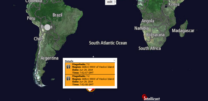 Magnitude: 6.9 Region: 154km NNW of Visokoi Island Date: Jun 29, 2014 Time: 7:52:56 GMT Magnitude: 7.2 Region: 160km NNW of Visokoi Island Date: Jun 29, 2014 Time: 7:52:57 GMT Magnitude: 7.2 Region: 160km NNW of Visokoi Island Date: Jun 29, 2014 Time: 7:52:58 GMT Magnitude: 5.1 Region: 152km NNW of Visokoi Island Date: Jun 29, 2014 Time: 8:21:04 GMT Magnitude: 5.1 Region: 164km NNW of Visokoi Island Date: Jun 29, 2014 Time: 8:28:55 GMT Magnitude: 4.9 Region: 172km NNW of Visokoi Island Date: Jun 29, 2014 Time: 12:05:38 GMT Magnitude: 5.1 Region: 169km NNW of Visokoi Island Date: Jun 29, 2014 Time: 12:11:20 GMT Magnitude: 5.0 Region: 176km NNW of Visokoi Island Date: Jun 29, 2014 Time: 13:41:23 GMT Magnitude: 5.6 Region: 151km NNW of Visokoi Island Date: Jun 29, 2014 Time: 14:20:37 GMT Magnitude: 5.7 Region: 157km NNW of Visokoi Island Date: Jun 29, 2014 Time: 14:32:49 GMT 