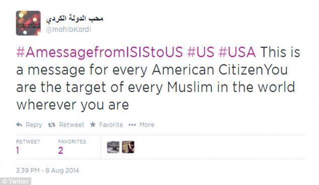 8-8-2014: Supporters of the ISIS terror group tweeted thousands of messages on Friday bearing the hashtag ‪#‎AmessagefromISIStoUS‬ featuring gruesome photos and threats to U.S. soldiers and citizens after American airstrikes took out terrorist targets in Iraq for the first time. Some tweeted photos depict dead U.S. Army soldiers, U.S. marines hung from bridges in Fallujah, decapitated men, human heads on spikes, and the twin towers in flames on September 11, 2001. 'This is a message for every American citizen,' read one message sent with the hashtag. 'You are the target of every Muslim in the world wherever you are.'