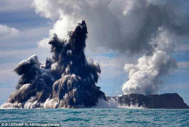 1-14-2015: An underwater volcano off the coast of Tonga is spewing ash high into the air – causing air travel chaos and turning the surrounding ocean the color of blood. The Hunga Tonga-Hunga Ha’apai underwater volcano is around 40 miles (65km) north of Tonga’s capital Nuku’alofa. Its ash plume has reached heights of more than 14,765ft (4,500 meters) and the eruption has disturbed algae in the region, causing what’s known as a red tide. The volcano, which first erupted in 2009, had been rumbling in recent weeks before exploding violently in the past few days. Brad Scott, a volcanologist at New Zealand agency GNS Science, said volcanic activity had been recorded for several weeks in a stretch of ocean and small islands around 35 miles (60km) north of Nuku’alofa. He believes the volcano may have started beneath the ocean and grown until it reached the surface, essentially creating a new island. But he said details of the eruption still remain unclear.