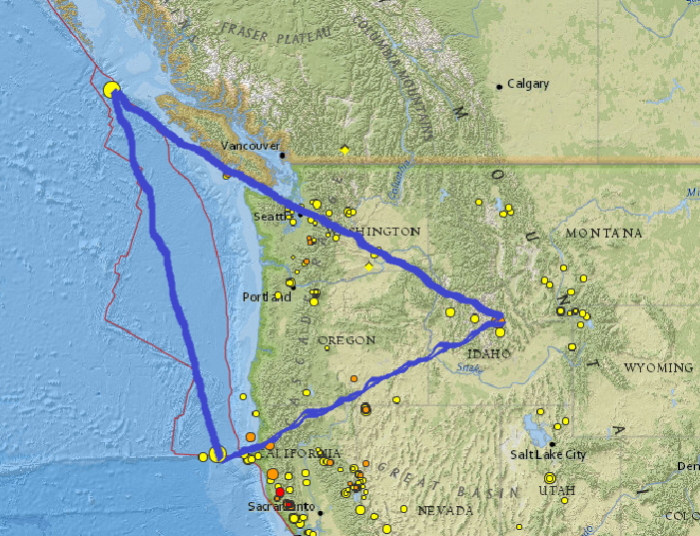 Northern California , Canada , and Idaho Earthquakes form a Triangle! 1-1-2015: M5.4 - 128km W of Ferndale, California 12:16:14 UTC http://earthquake.usgs.gov/earthquakes/eventpage/nc72373456#summary 1-2-2015: M5.2 - 195km SW of Bella Bella, Canada 10:15:36 UTC http://earthquake.usgs.gov/earthquakes/eventpage/usc000tb91#summary 1-3-2015: M4.9 - 7km E of Challis, Idaho 17:44:03 UTC http://earthquake.usgs.gov/earthquakes/eventpage/usc000tbfq#summary