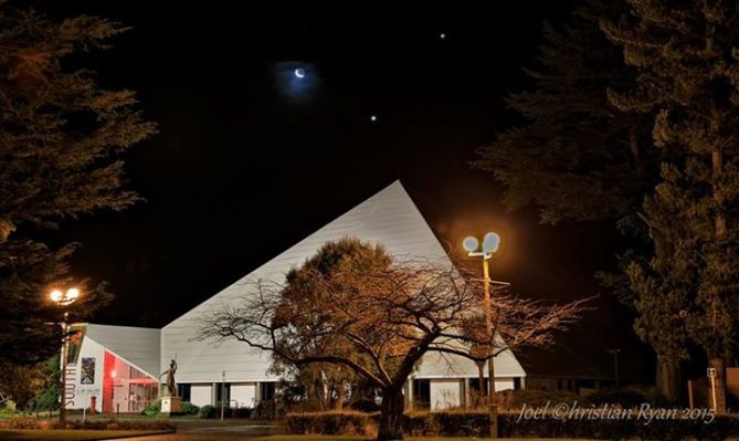 6-20-2015 via Joels In-Sights: Sacred Geometry,night before the Solstice Moon - Venus - Jupiter above the Southland Museum,Invercargill