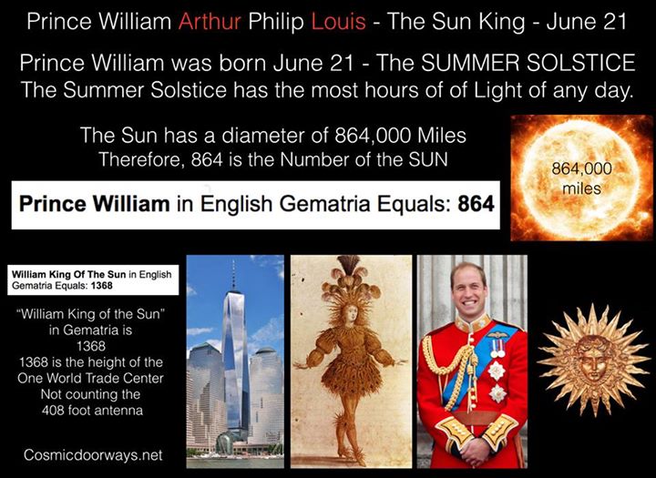 6-21-2015: via Keys to Cosmic Doorways: Glory to the SUN on this Solstice- Also, Happy Birthday-- Prince William Arthur Philip Louis - The Sun King - June 21 Prince William was born June 21 - The SUMMER SOLSTICE The Summer Solstice has the most hours of Light of any day in the year. Some say Prince William was taken by Cesarian section from Princess Diana so that he could be empowered by the Sun on its greatest day, June 21. Prince William has therefore been called 